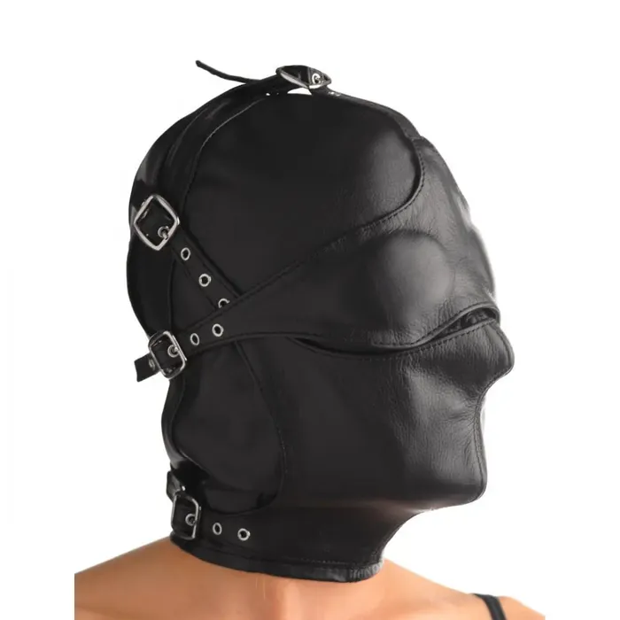 Restraints XR Brands Asylum Leather Bondage Hood with Removable Blindfold and Muzzle ML Restraints XR Brands Asylum Leather Bondage Hood with Removable Blindfold and Muzzle ML